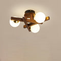 Traditional Chinese Long Round Ball Wooden Copper Frame Glass Shade 3/6/9 Light Semi-flush Mount Ceiling Light for Living Room
