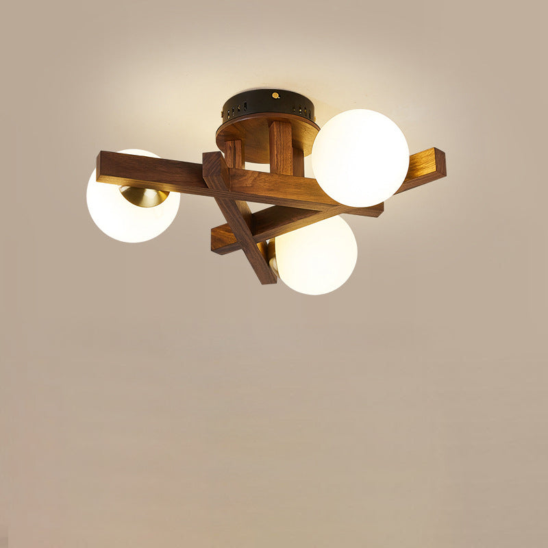 Traditional Chinese Long Round Ball Wooden Copper Frame Glass Shade 3/6/9 Light Semi-flush Mount Ceiling Light for Living Room