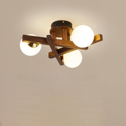 Traditional Chinese Long Round Ball Wooden Copper Frame Glass Shade 3/6/9 Light Semi-flush Mount Ceiling Light for Living Room