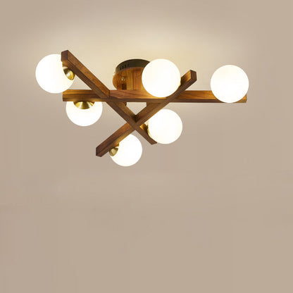 Traditional Chinese Long Round Ball Wooden Copper Frame Glass Shade 3/6/9 Light Semi-flush Mount Ceiling Light for Living Room
