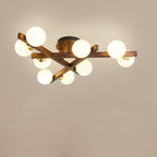 Traditional Chinese Long Round Ball Wooden Copper Frame Glass Shade 3/6/9 Light Semi-flush Mount Ceiling Light for Living Room