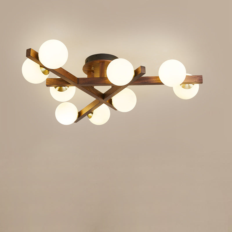 Traditional Chinese Long Round Ball Wooden Copper Frame Glass Shade 3/6/9 Light Semi-flush Mount Ceiling Light for Living Room