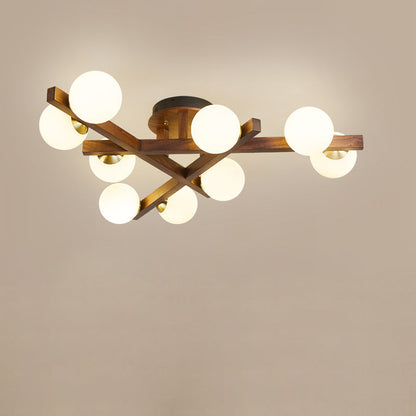 Traditional Chinese Long Round Ball Wooden Copper Frame Glass Shade 3/6/9 Light Semi-flush Mount Ceiling Light for Living Room