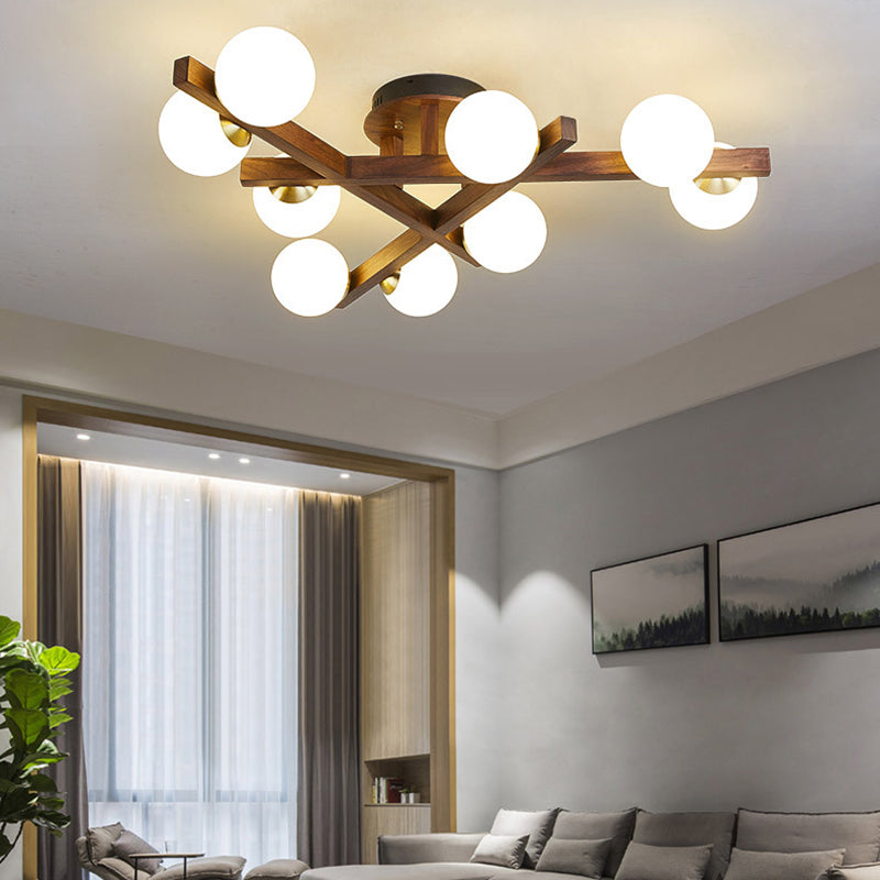 Traditional Chinese Long Round Ball Wooden Copper Frame Glass Shade 3/6/9 Light Semi-flush Mount Ceiling Light for Living Room