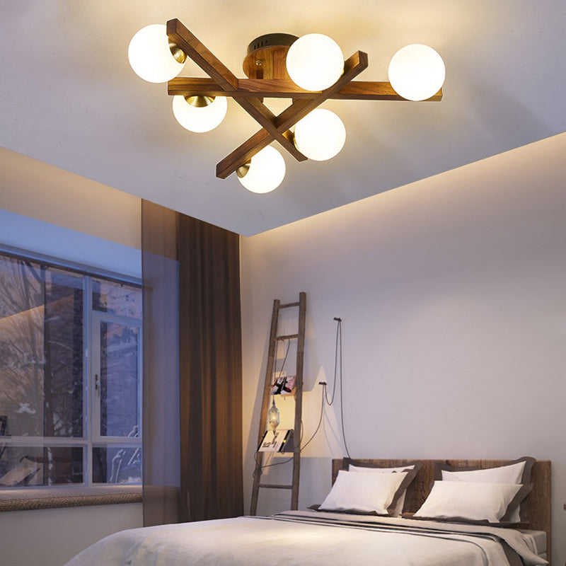 Traditional Chinese Long Round Ball Wooden Copper Frame Glass Shade 3/6/9 Light Semi-flush Mount Ceiling Light for Living Room