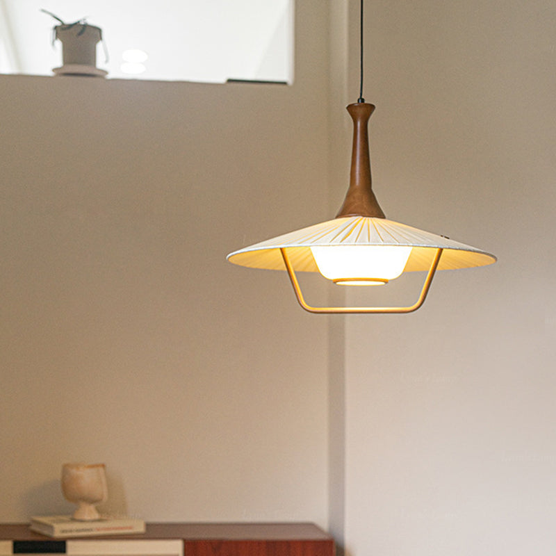 Contemporary Nordic Round Flying Saucer Shape Iron Solid Wood Fabric Glass 1-Light Pendant Light For Living Room
