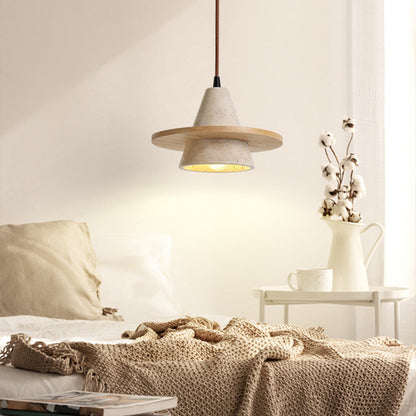 Traditional Japanese Conical Disc Solid Wood Yellow Travertine 1-Light Pendant Light For Bedroom