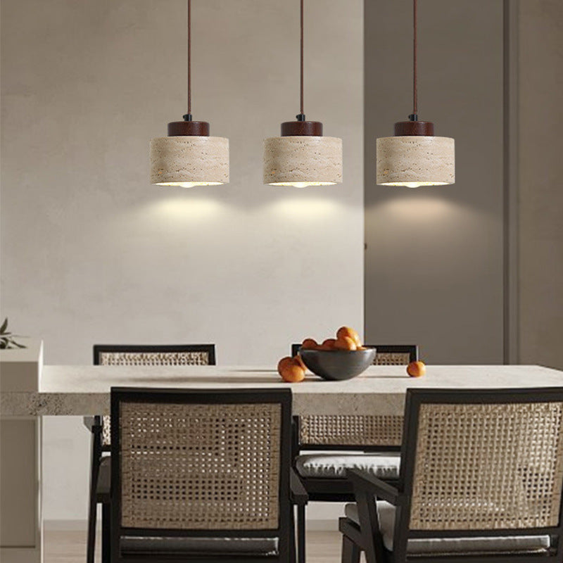 Traditional Vintage Cylinder Wood Travertine 1-light Pendant Light for Bedroom BulbSquare