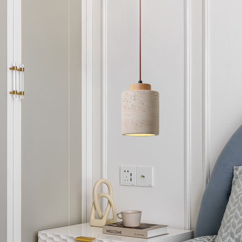 Traditional Vintage Cylinder Wood Travertine 1-light Pendant Light for Bedroom BulbSquare