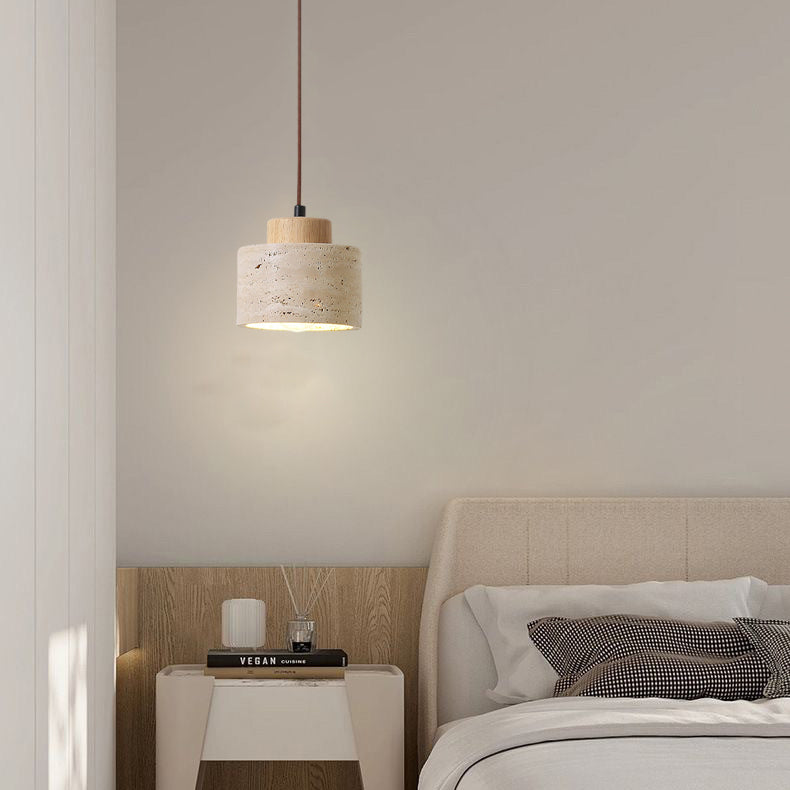 Traditional Vintage Cylinder Wood Travertine 1-light Pendant Light for Bedroom BulbSquare