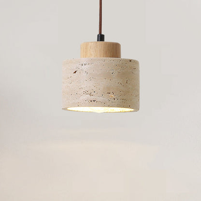 Traditional Vintage Cylinder Wood Travertine 1-Light Pendant Light For Bedroom