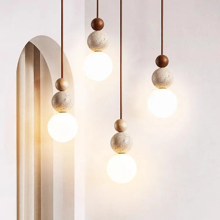 Traditional Japanese Multi Orb Wood Travertine 1-light Pendant Light for Living Room Lumendat