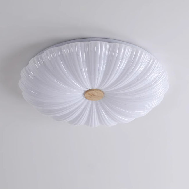 Modern Minimalist Round Flower Stripe Acrylic Shade Wood LED Flush Mount Ceiling Light for Bedroom
