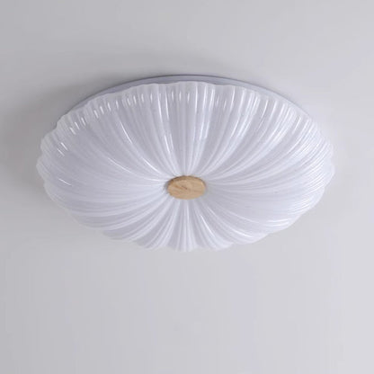 Modern Minimalist Round Flower Stripe Acrylic Shade Wood LED Flush Mount Ceiling Light for Bedroom