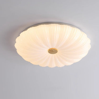 Modern Minimalist Round Flower Stripe Acrylic Shade Wood LED Flush Mount Ceiling Light for Bedroom
