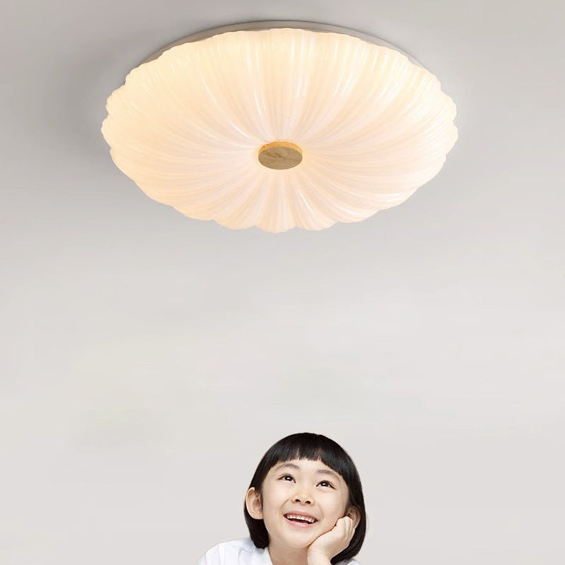 Modern Minimalist Round Flower Stripe Acrylic Shade Wood LED Flush Mount Ceiling Light for Bedroom