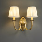 Traditional Vintage Curved Pole Round Trapezoidal Stripe Fabric Shade Brass 1/2 Light Wall Sconce Lamp For Living Room
