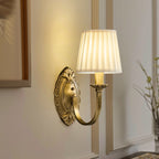 Traditional Vintage Curved Pole Round Trapezoidal Stripe Fabric Shade Brass 1/2 Light Wall Sconce Lamp For Living Room