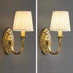 Traditional Vintage Curved Pole Round Trapezoidal Stripe Fabric Shade Brass 1/2 Light Wall Sconce Lamp For Living Room