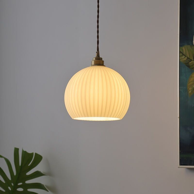 Traditional Japanese Globe Striped Glass Shade Iron 1-light Pendant Light for Living Room BulbSquare