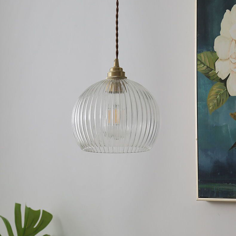 Traditional Japanese Globe Striped Glass Shade Iron 1-light Pendant Light for Living Room BulbSquare