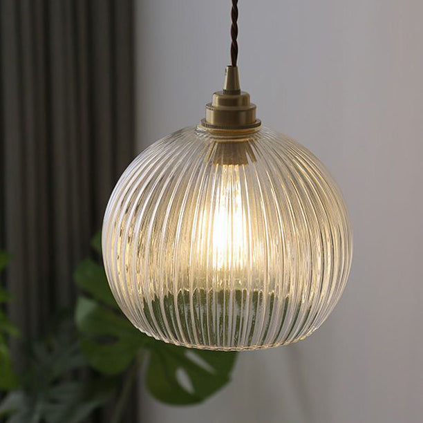 Traditional Japanese Globe Striped Glass Shade Iron 1-light Pendant Light for Living Room BulbSquare