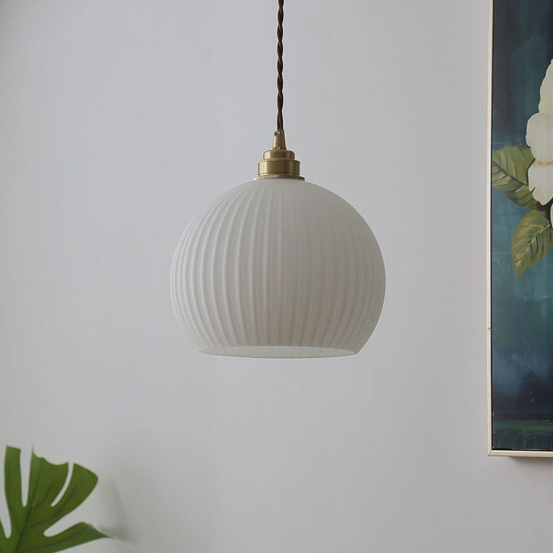 Traditional Japanese Globe Striped Glass Shade Iron 1-light Pendant Light for Living Room BulbSquare