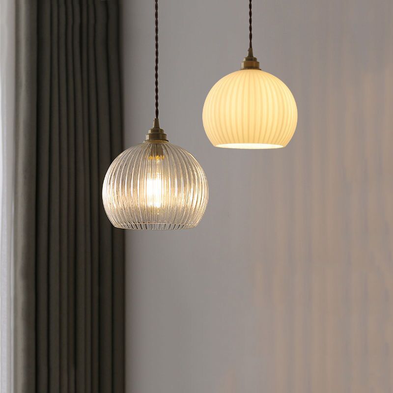 Traditional Japanese Globe Striped Glass Shade Iron 1-light Pendant Light for Living Room BulbSquare