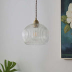 Traditional Japanese Globe Striped Glass Shade Iron 1-light Pendant Light for Living Room BulbSquare