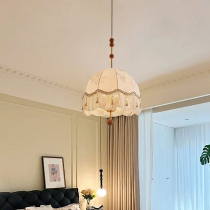 Traditional French Dome Round Tassel Floral Printed Fabric Shade Wooden Iron Frame 3-Light Pendant Light For Living Room