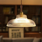 Contemporary Retro Round Cone Stripe Glass Shade Wood Brass 1-Light Pendant Light For Living Room