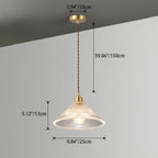 Contemporary Retro Round Cone Stripe Glass Shade Wood Brass 1-Light Pendant Light For Living Room