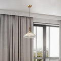 Contemporary Retro Round Cone Stripe Glass Shade Wood Brass 1-Light Pendant Light For Living Room