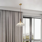 Contemporary Retro Round Cone Stripe Glass Shade Wood Brass 1-Light Pendant Light For Living Room