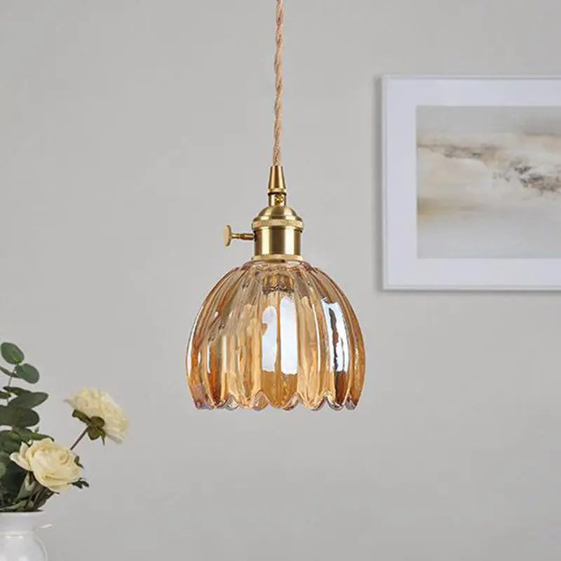 Contemporary Nordic Round Flower Glass Shade Iron Brass 1-light Pendant Light for Living Room Lumendat