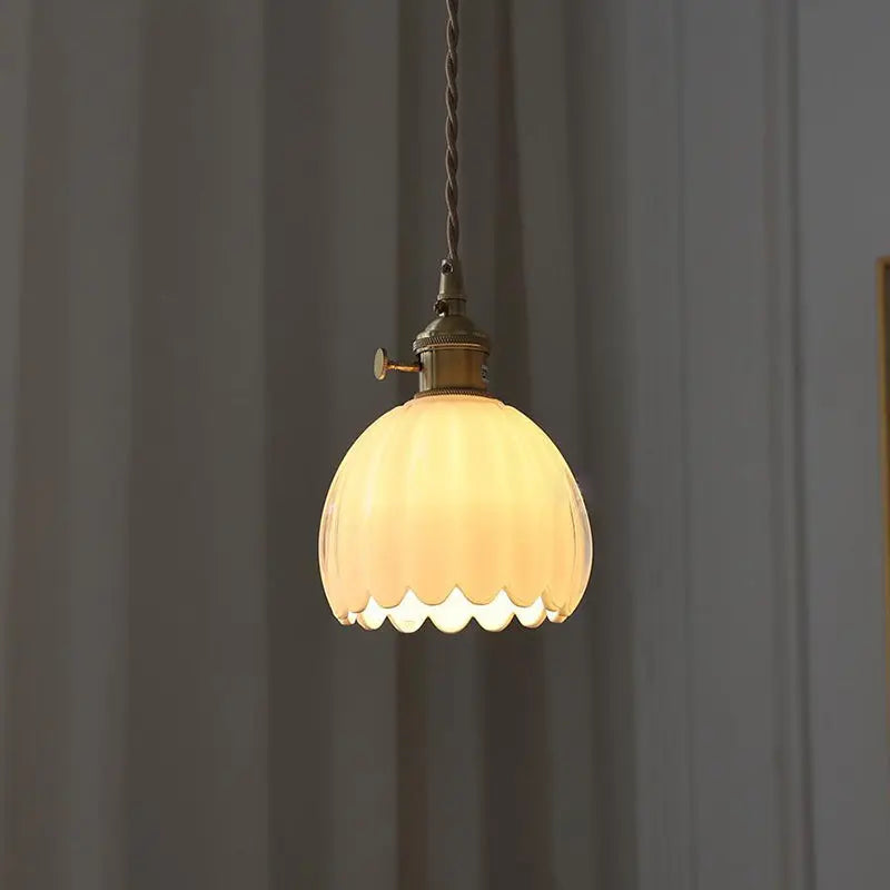 Contemporary Nordic Round Flower Glass Shade Iron Brass 1-light Pendant Light for Living Room Lumendat