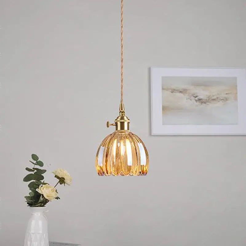 Contemporary Nordic Round Flower Glass Shade Iron Brass 1-light Pendant Light for Living Room Lumendat