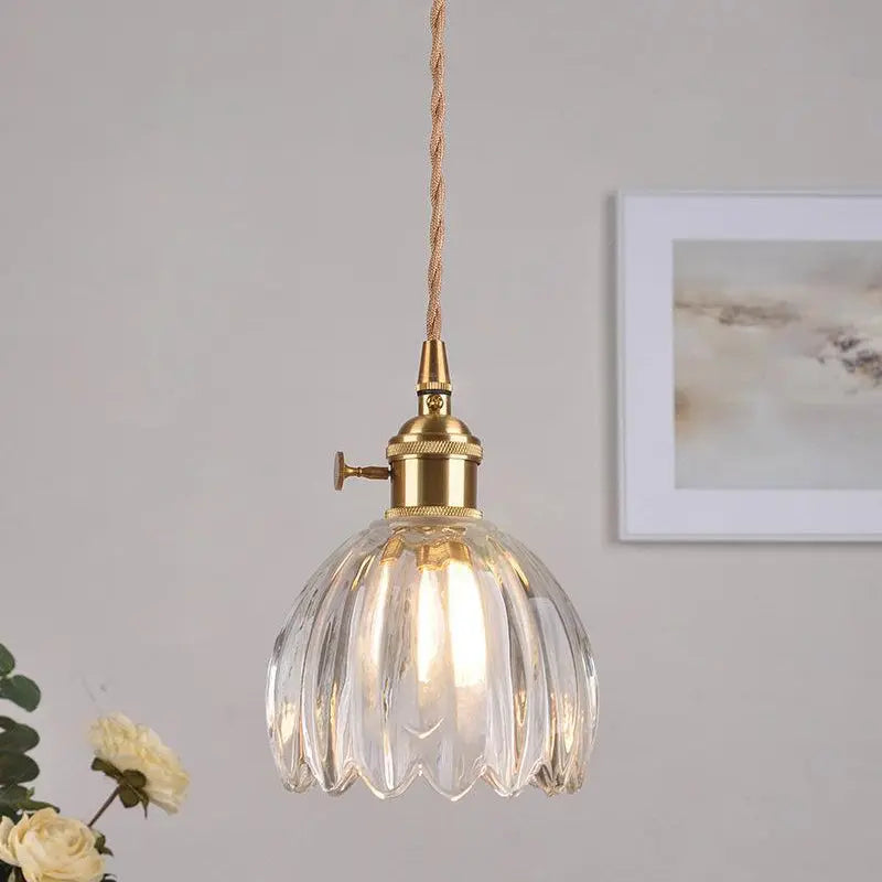 Contemporary Nordic Round Flower Glass Shade Iron Brass 1-light Pendant Light for Living Room Lumendat