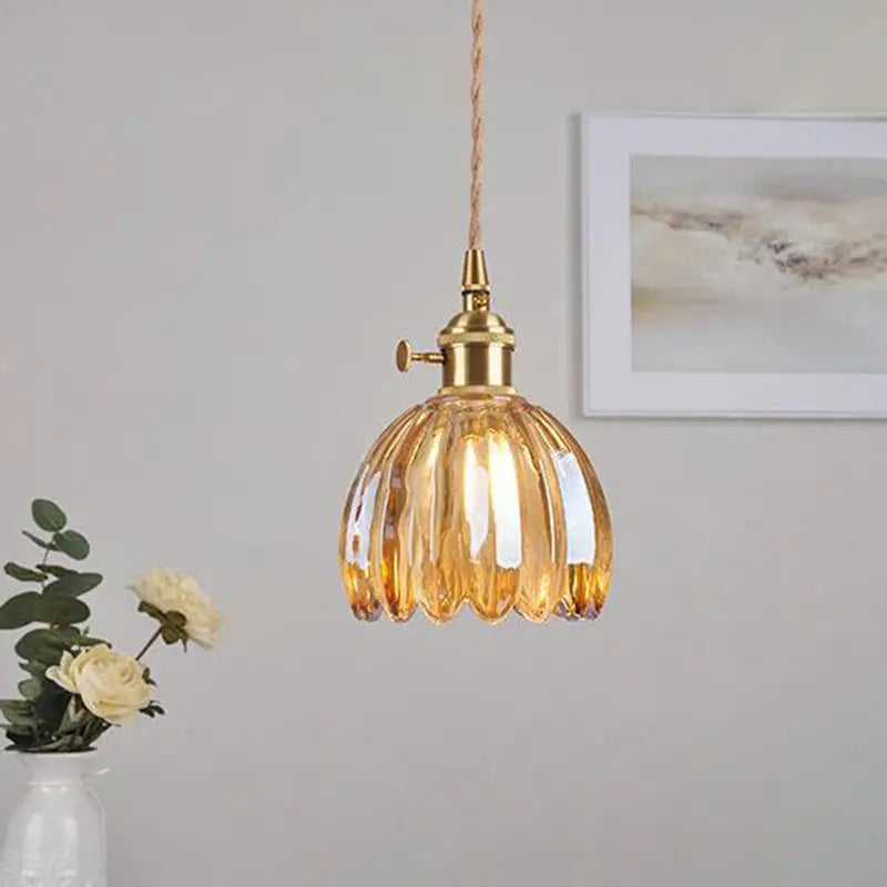 Contemporary Nordic Round Flower Glass Shade Iron Brass 1-light Pendant Light for Living Room Lumendat