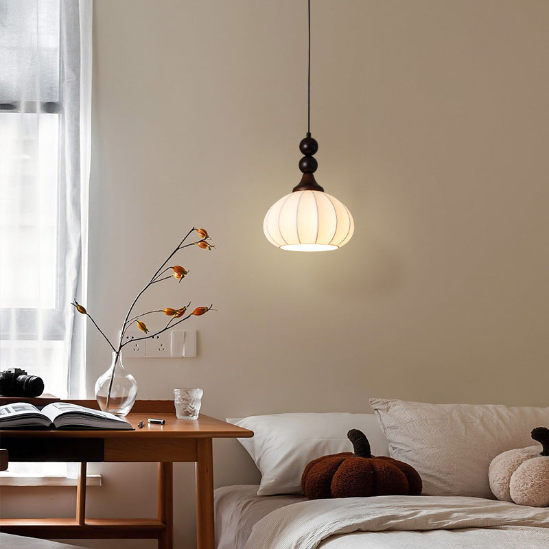Traditional Vintage Round Ball Bead Silk Shade Wooden Iron 1-Light Pendant Light For Living Room