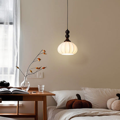 Traditional Vintage Round Ball Bead Silk Shade Wooden Iron 1-Light Pendant Light For Living Room