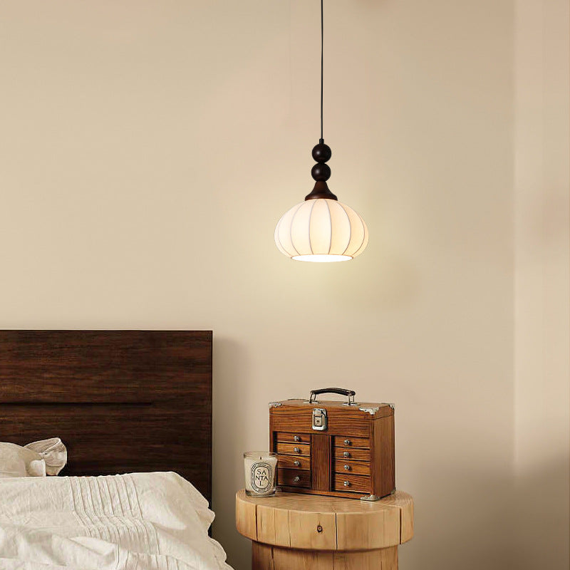 Traditional Vintage Round Ball Bead Silk Shade Wooden Iron 1-Light Pendant Light For Living Room