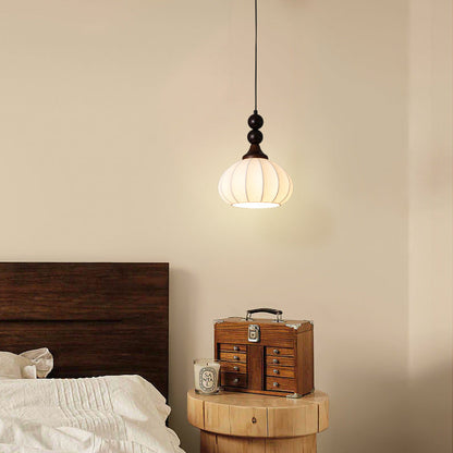 Traditional Vintage Round Ball Bead Silk Shade Wooden Iron 1-Light Pendant Light For Living Room