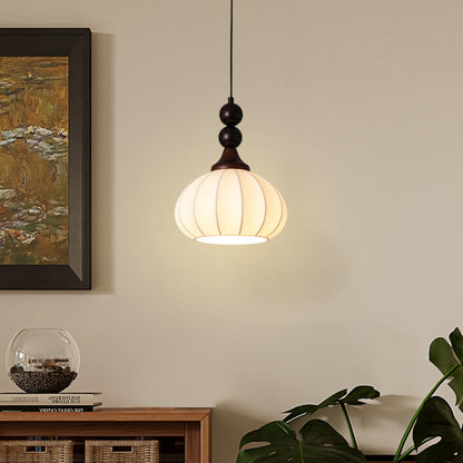 Traditional Vintage Round Ball Bead Silk Shade Wooden Iron 1-Light Pendant Light For Living Room
