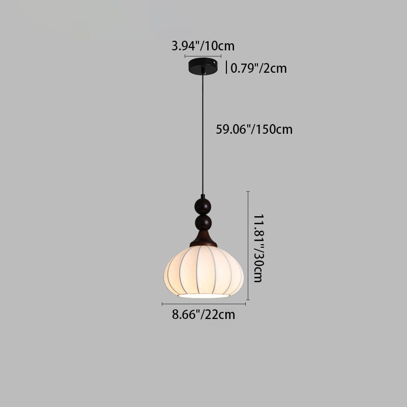 Traditional Vintage Round Ball Bead Silk Shade Wooden Iron 1-Light Pendant Light For Living Room