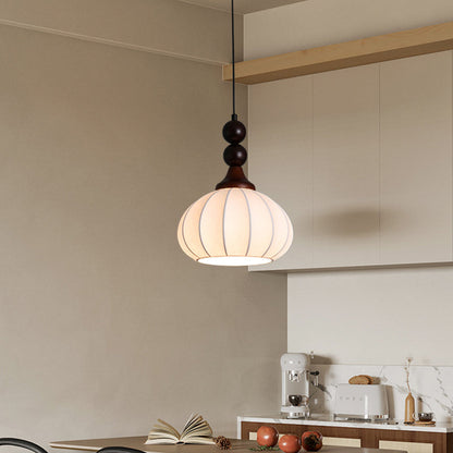 Traditional Vintage Round Ball Bead Silk Shade Wooden Iron 1-Light Pendant Light For Living Room