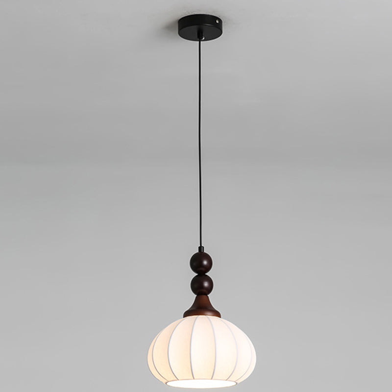 Traditional Vintage Round Ball Bead Silk Shade Wooden Iron 1-Light Pendant Light For Living Room
