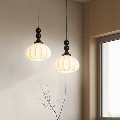 Traditional Vintage Round Ball Bead Silk Shade Wooden Iron 1-Light Pendant Light For Living Room
