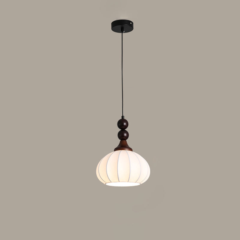 Traditional Vintage Round Ball Bead Silk Shade Wooden Iron 1-Light Pendant Light For Living Room
