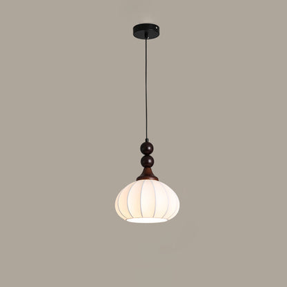 Traditional Vintage Round Ball Bead Silk Shade Wooden Iron 1-Light Pendant Light For Living Room